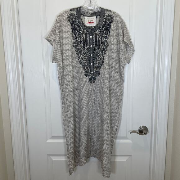 Johnny Was Biya Kaftan Style Dress Gray White Print Silk Embroidered Oversize S - Picture 1 of 9